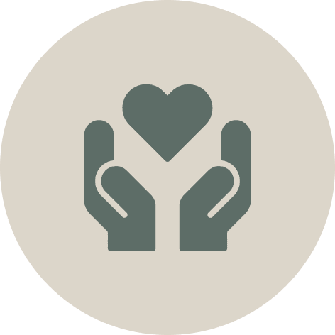 Icon of two hands holding a heart, symbolizing care or support, inside a circle with a beige background.